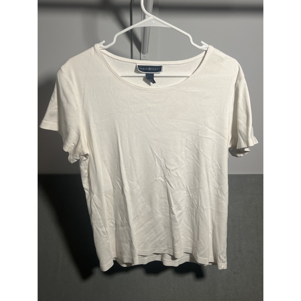 Karen Scott Women's White Short Sleeve Crew Neck T-Shirt Size‎ L 100% Cotton